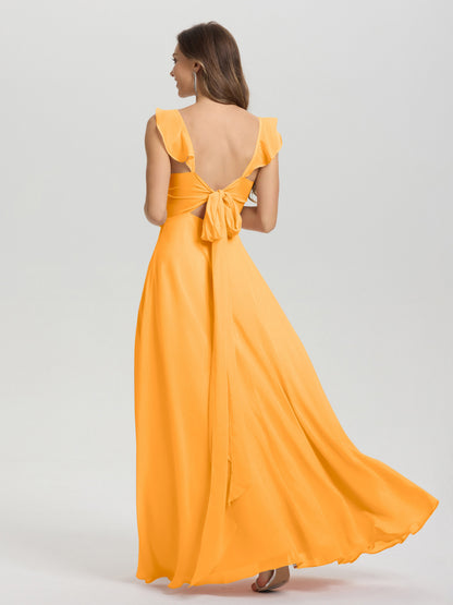 V-Neck Straps Back Tie Floor Length Chiffon Bridesmaid Dress with Slit