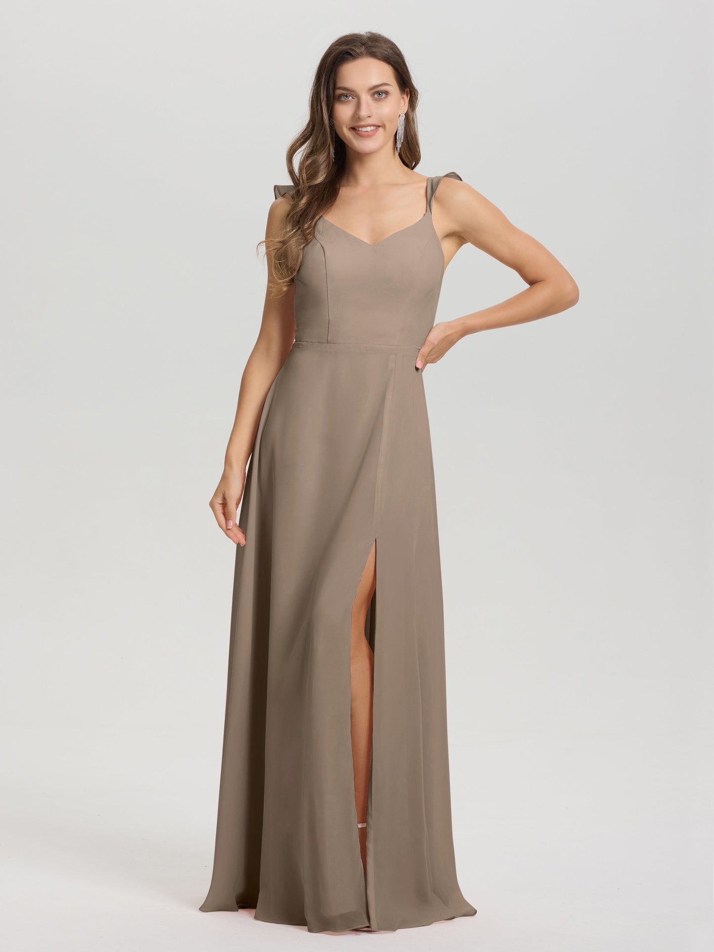 V-Neck Straps Back Tie Floor Length Chiffon Bridesmaid Dress with Slit