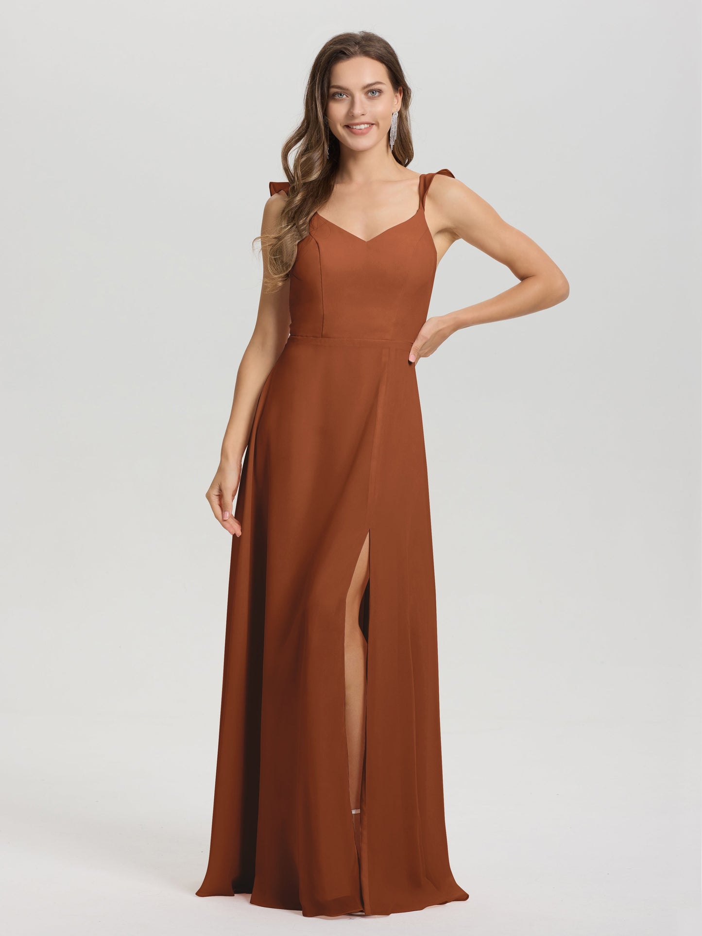 V-Neck Straps Back Tie Floor Length Chiffon Bridesmaid Dress with Slit
