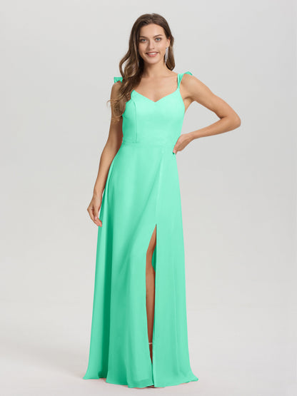 V-Neck Straps Back Tie Floor Length Chiffon Bridesmaid Dress with Slit