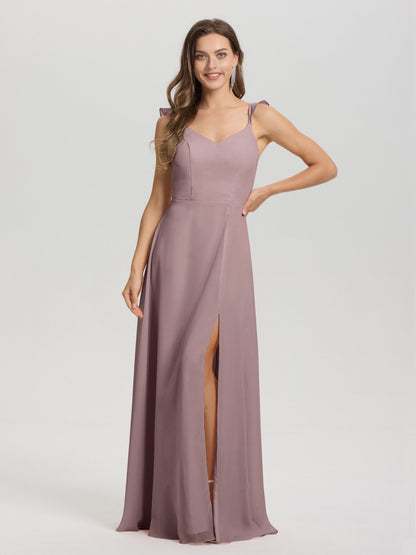 V-Neck Straps Back Tie Floor Length Chiffon Bridesmaid Dress with Slit