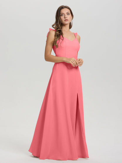 V-Neck Straps Back Tie Floor Length Chiffon Bridesmaid Dress with Slit