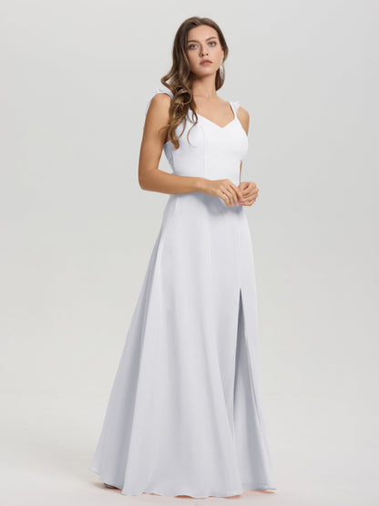 V-Neck Straps Back Tie Floor Length Chiffon Bridesmaid Dress with Slit