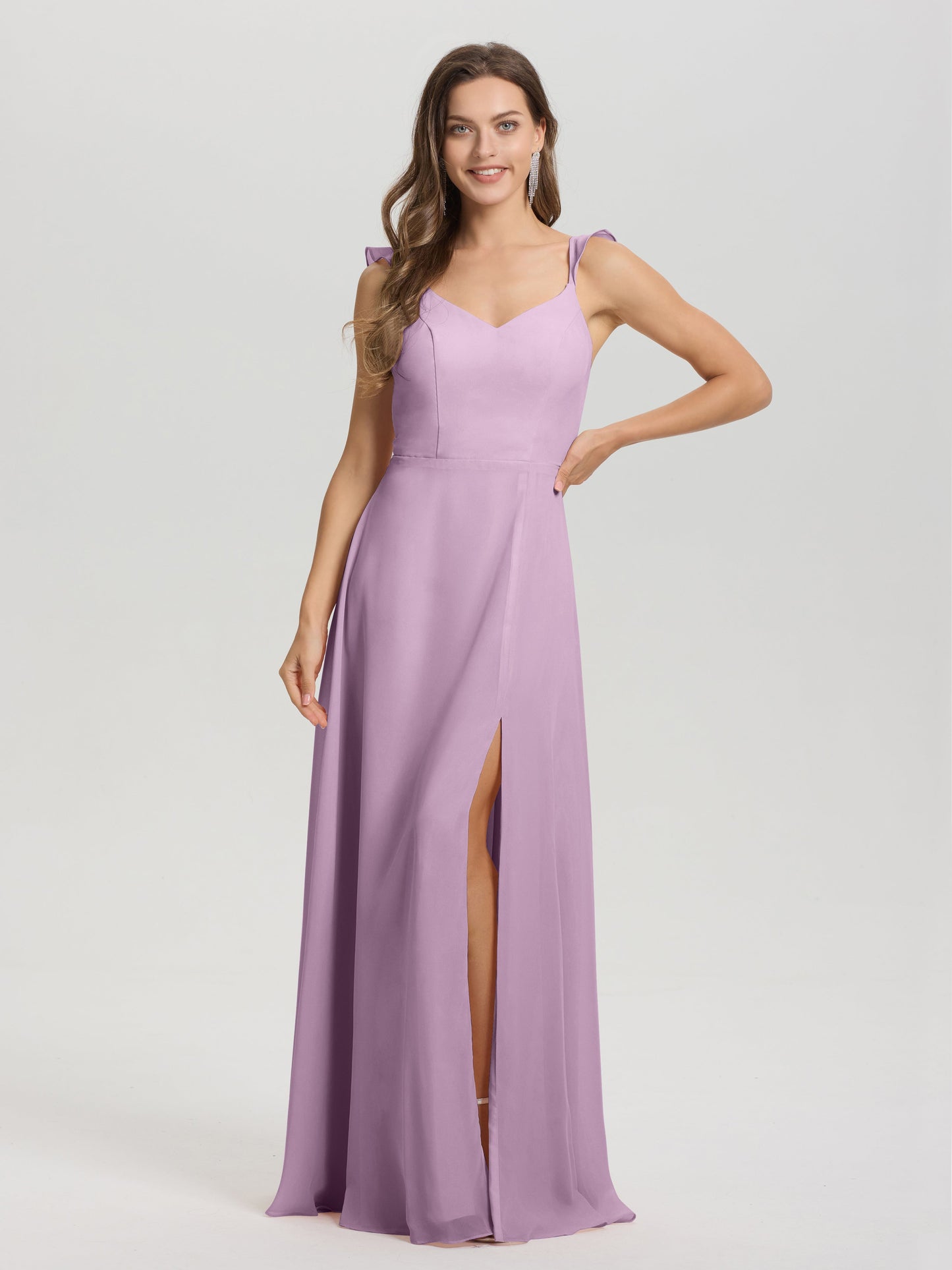 V-Neck Straps Back Tie Floor Length Chiffon Bridesmaid Dress with Slit