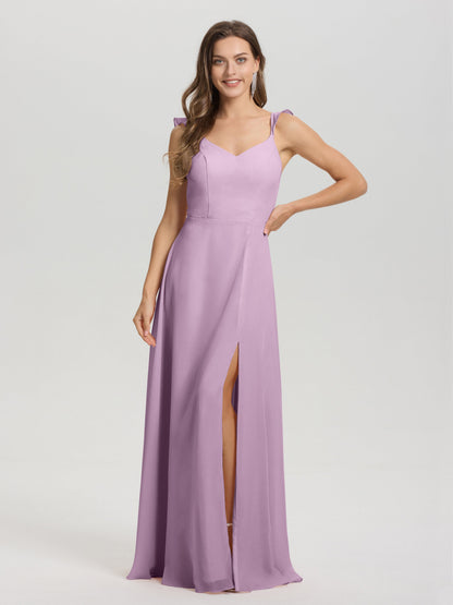 V-Neck Straps Back Tie Floor Length Chiffon Bridesmaid Dress with Slit