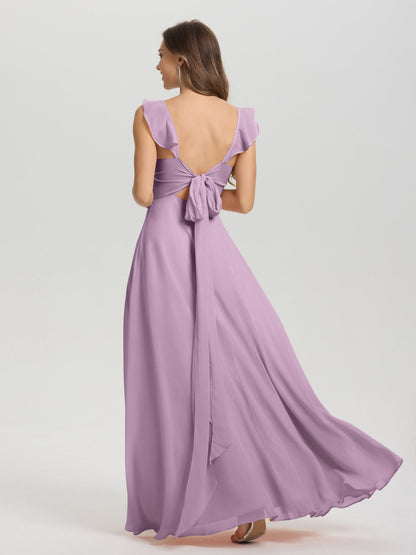 V-Neck Straps Back Tie Floor Length Chiffon Bridesmaid Dress with Slit