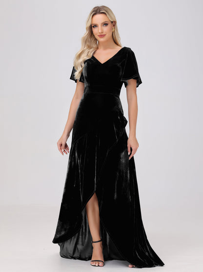 V-Neck Short Sleeves Ruffles Velvet Bridesmaid Dresses