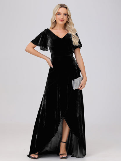 V-Neck Short Sleeves Ruffles Velvet Bridesmaid Dresses