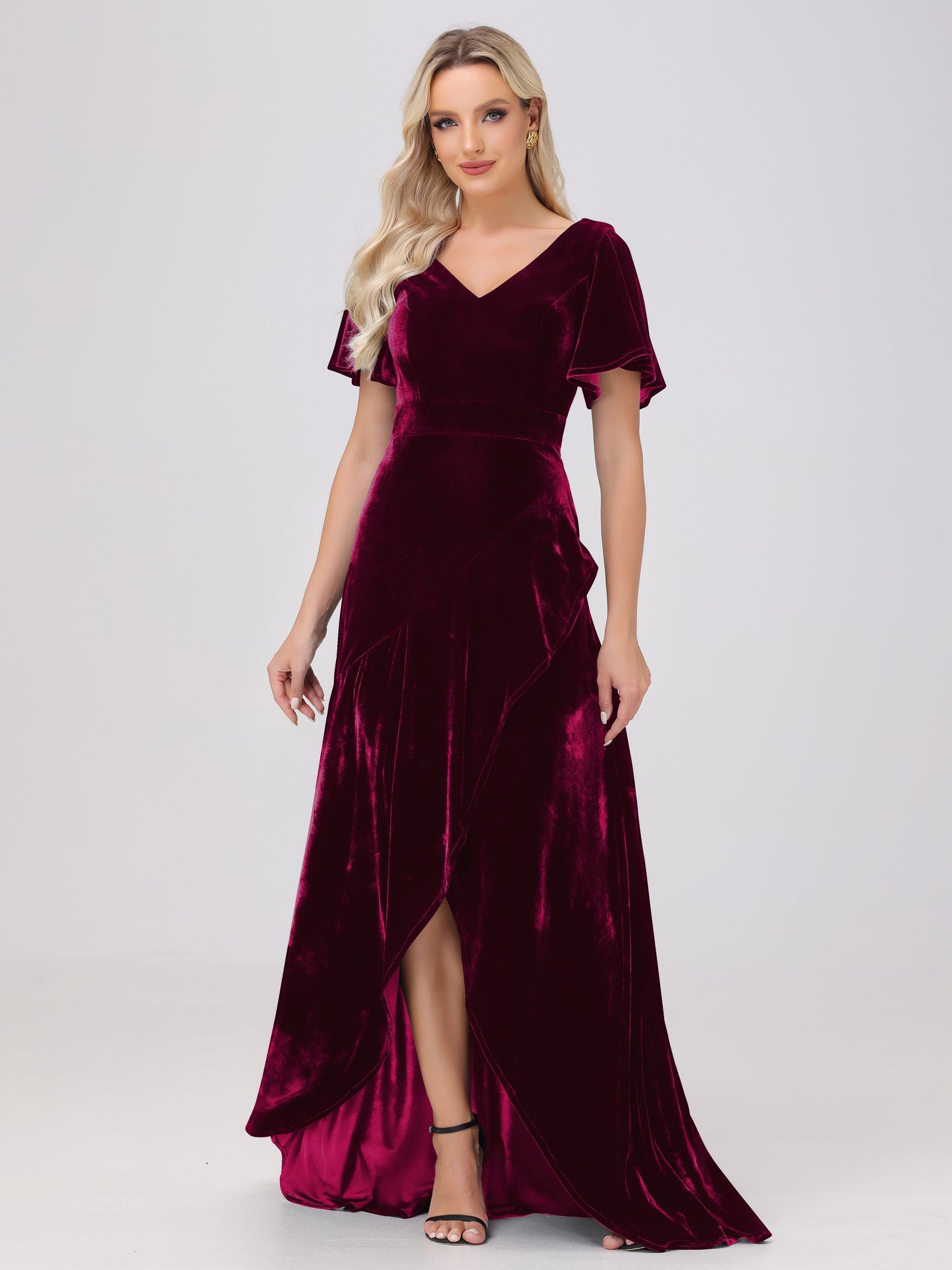 V-Neck Short Sleeves Ruffles Velvet Bridesmaid Dresses