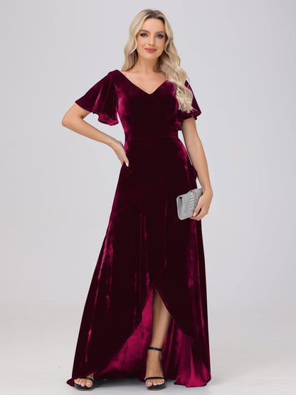 V-Neck Short Sleeves Ruffles Velvet Bridesmaid Dresses