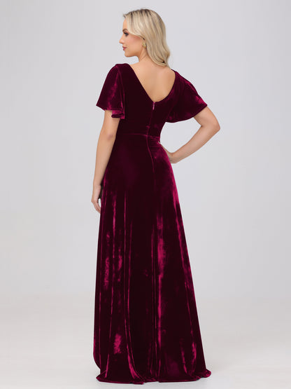 V-Neck Short Sleeves Ruffles Velvet Bridesmaid Dresses