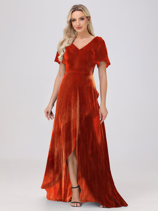 V-Neck Short Sleeves Ruffles Velvet Bridesmaid Dresses
