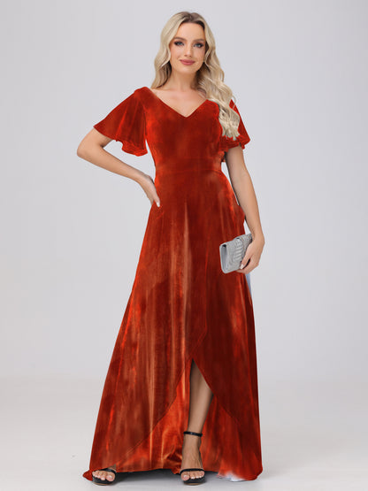 V-Neck Short Sleeves Ruffles Velvet Bridesmaid Dresses