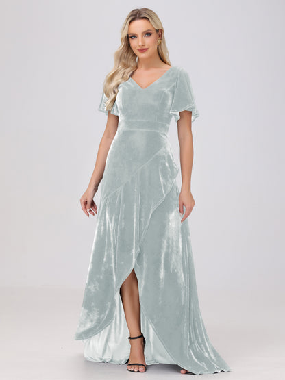 V-Neck Short Sleeves Ruffles Velvet Bridesmaid Dresses