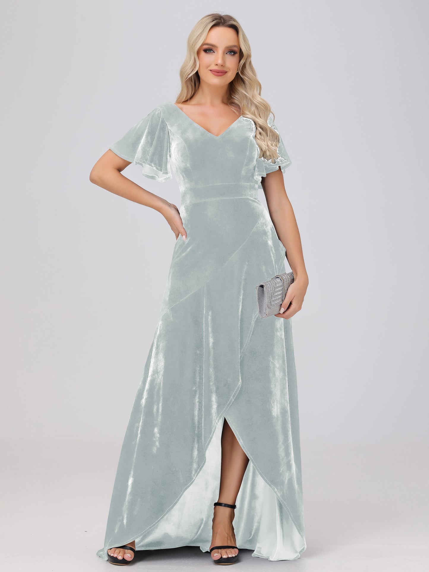 V-Neck Short Sleeves Ruffles Velvet Bridesmaid Dresses