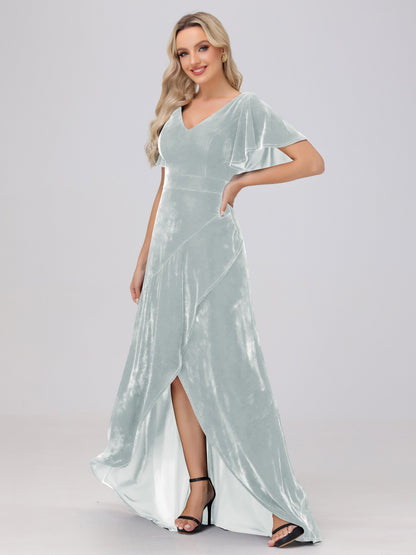 V-Neck Short Sleeves Ruffles Velvet Bridesmaid Dresses