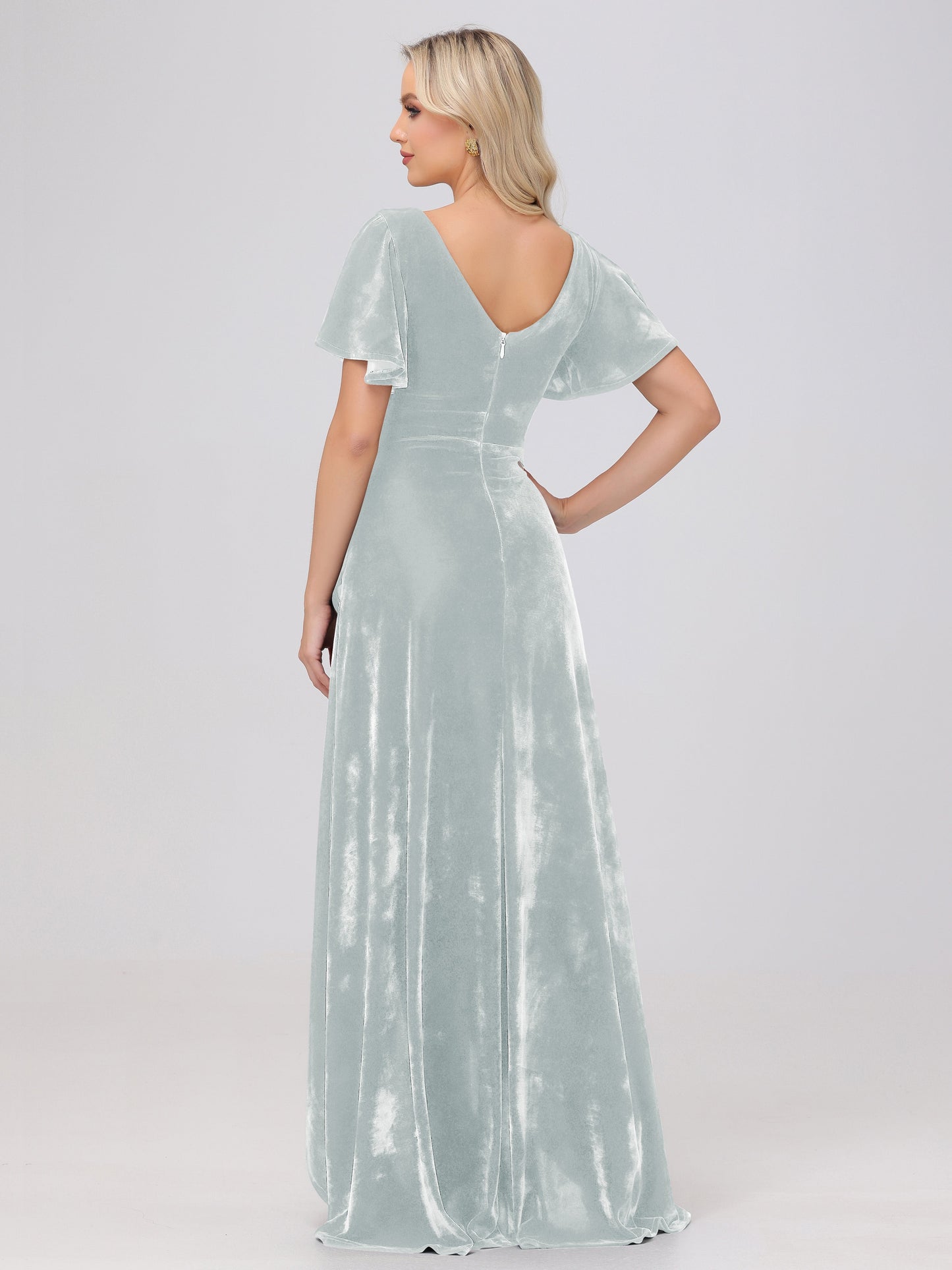 V-Neck Short Sleeves Ruffles Velvet Bridesmaid Dresses