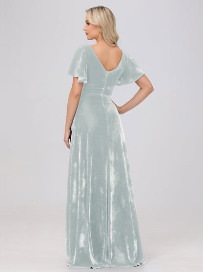 V-Neck Short Sleeves Ruffles Velvet Bridesmaid Dresses
