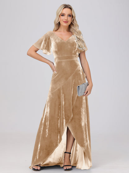 V-Neck Short Sleeves Ruffles Velvet Bridesmaid Dresses