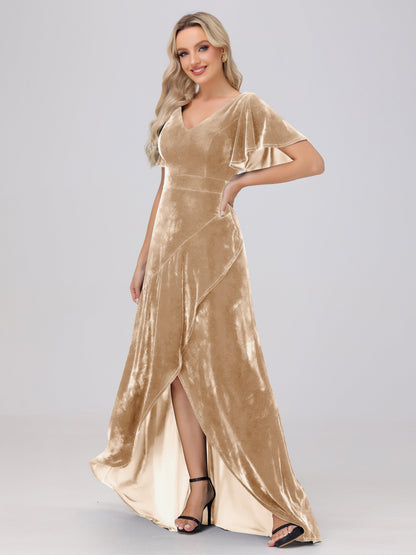 V-Neck Short Sleeves Ruffles Velvet Bridesmaid Dresses