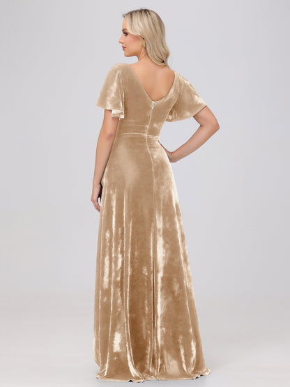 V-Neck Short Sleeves Ruffles Velvet Bridesmaid Dresses