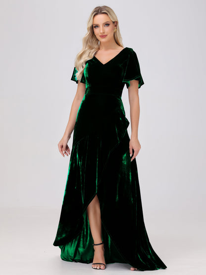 V-Neck Short Sleeves Ruffles Velvet Bridesmaid Dresses