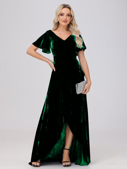 V-Neck Short Sleeves Ruffles Velvet Bridesmaid Dresses