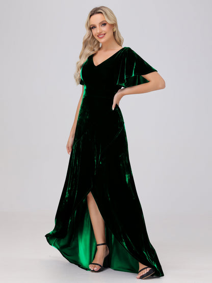 V-Neck Short Sleeves Ruffles Velvet Bridesmaid Dresses