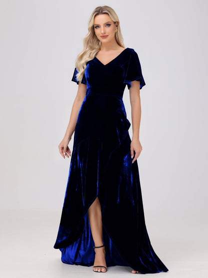 V-Neck Short Sleeves Ruffles Velvet Bridesmaid Dresses