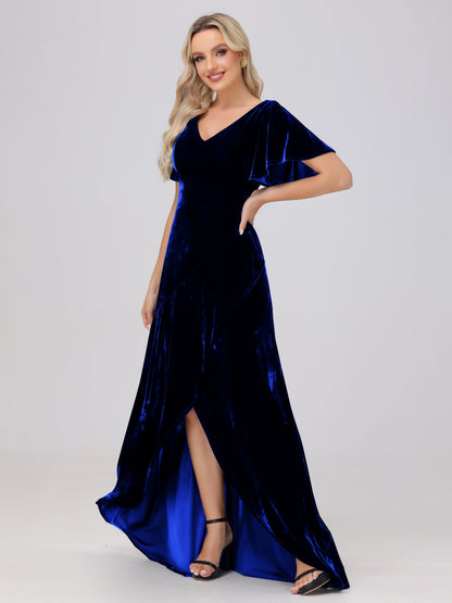 V-Neck Short Sleeves Ruffles Velvet Bridesmaid Dresses