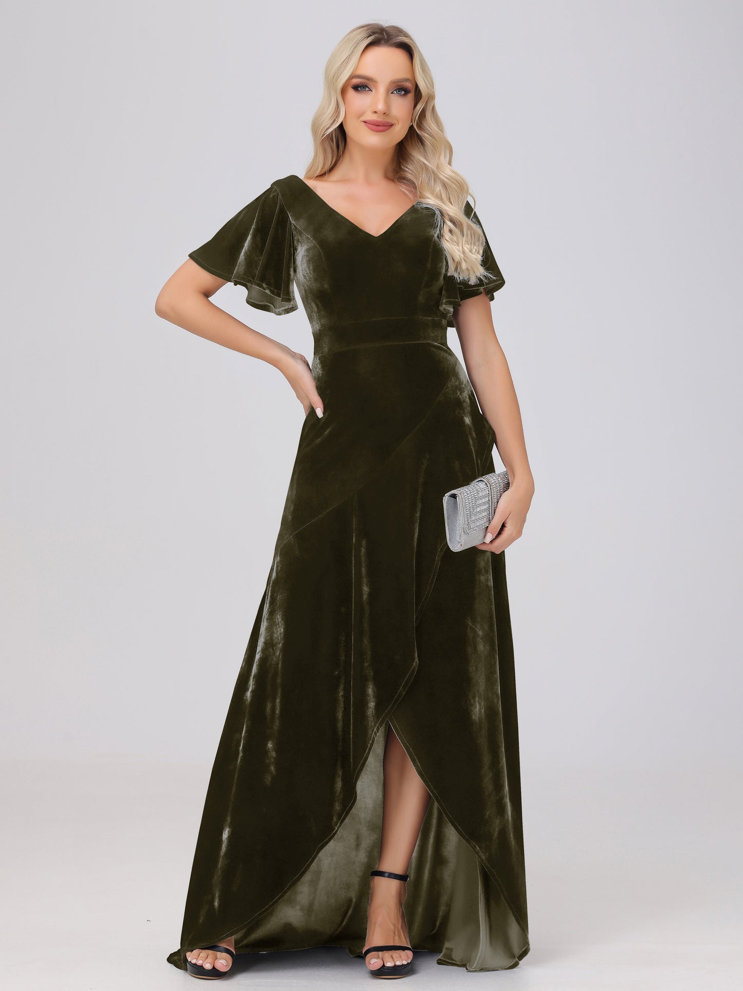 V-Neck Short Sleeves Ruffles Velvet Bridesmaid Dresses