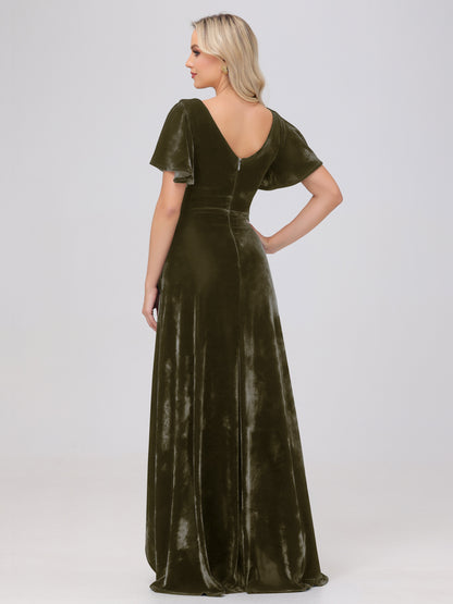 V-Neck Short Sleeves Ruffles Velvet Bridesmaid Dresses
