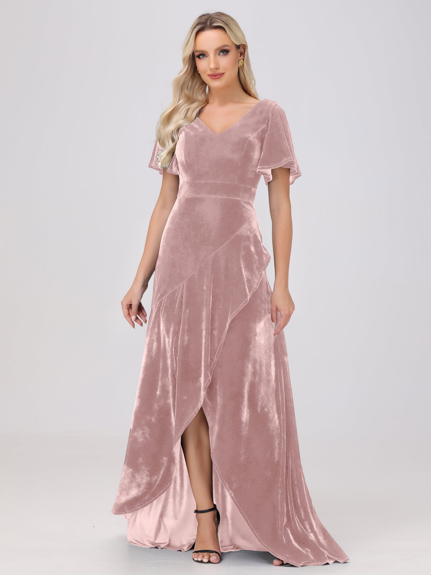 V-Neck Short Sleeves Ruffles Velvet Bridesmaid Dresses