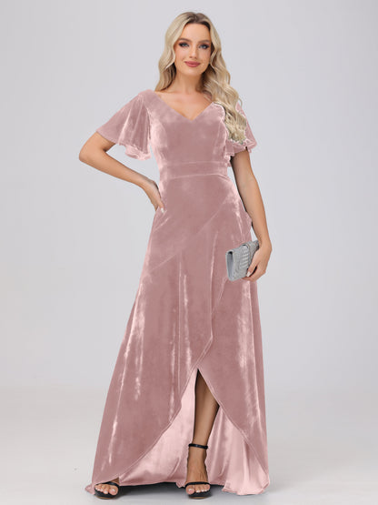 V-Neck Short Sleeves Ruffles Velvet Bridesmaid Dresses
