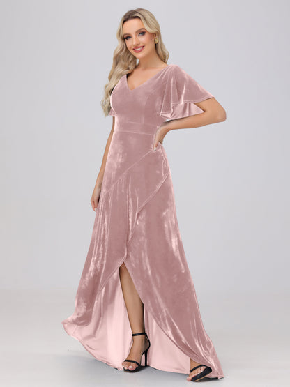 V-Neck Short Sleeves Ruffles Velvet Bridesmaid Dresses