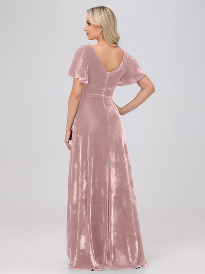 V-Neck Short Sleeves Ruffles Velvet Bridesmaid Dresses