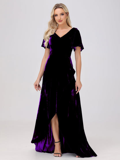 V-Neck Short Sleeves Ruffles Velvet Bridesmaid Dresses