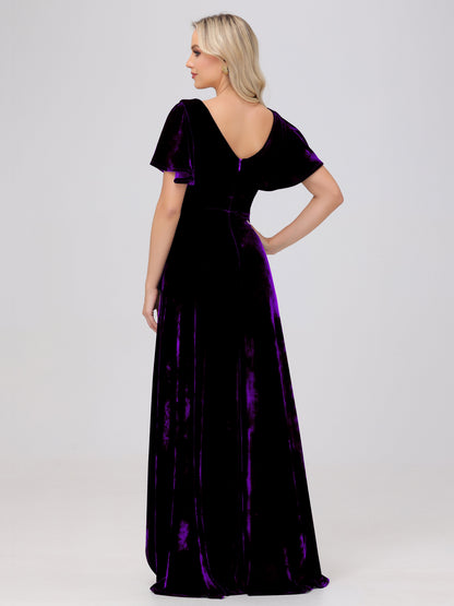 V-Neck Short Sleeves Ruffles Velvet Bridesmaid Dresses