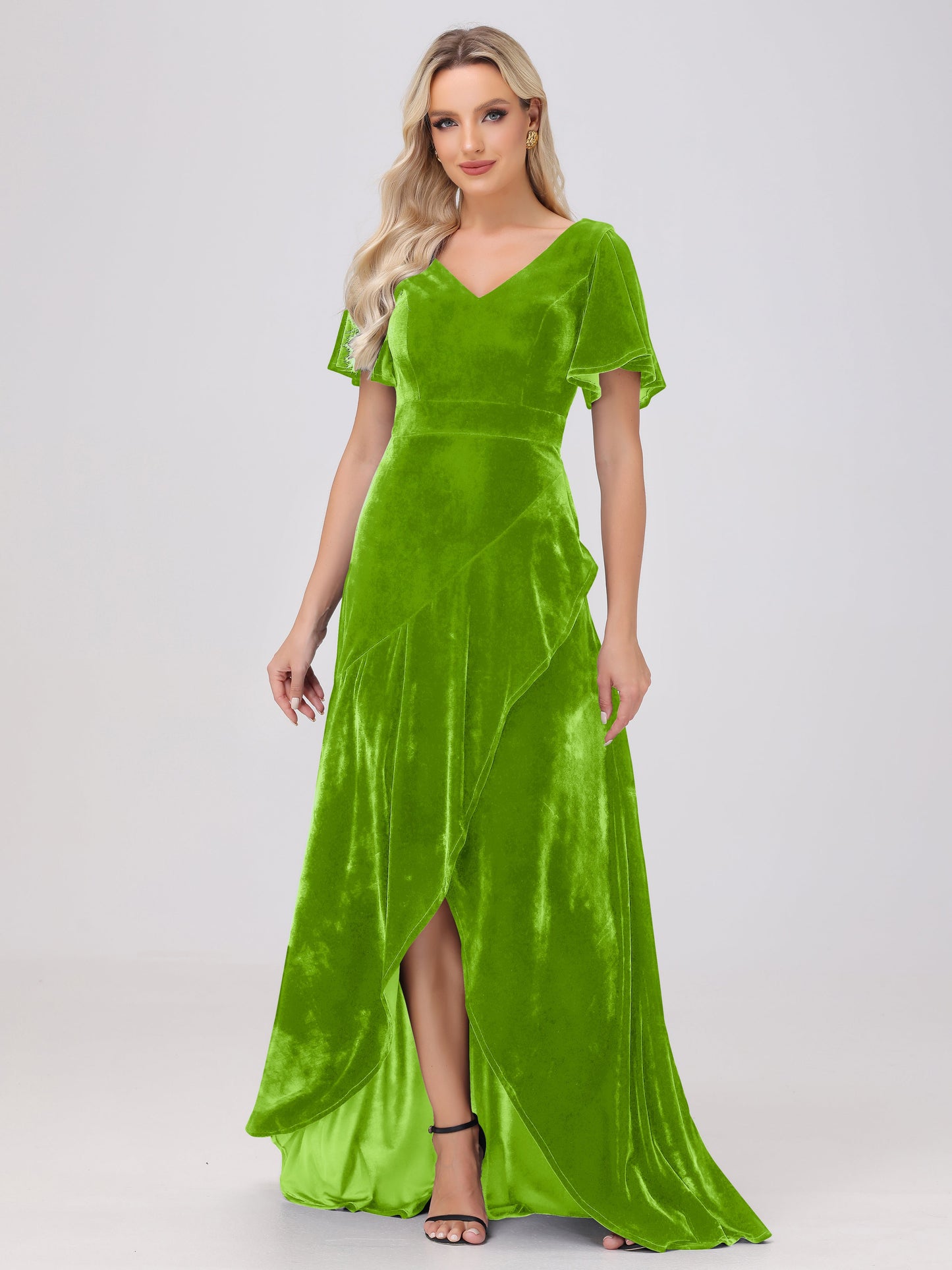V-Neck Short Sleeves Ruffles Velvet Bridesmaid Dresses