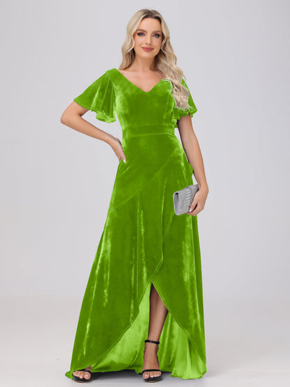 V-Neck Short Sleeves Ruffles Velvet Bridesmaid Dresses