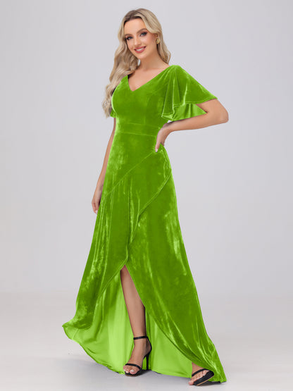 V-Neck Short Sleeves Ruffles Velvet Bridesmaid Dresses