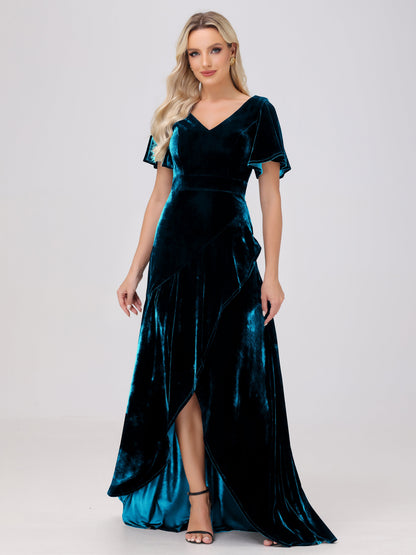 V-Neck Short Sleeves Ruffles Velvet Bridesmaid Dresses