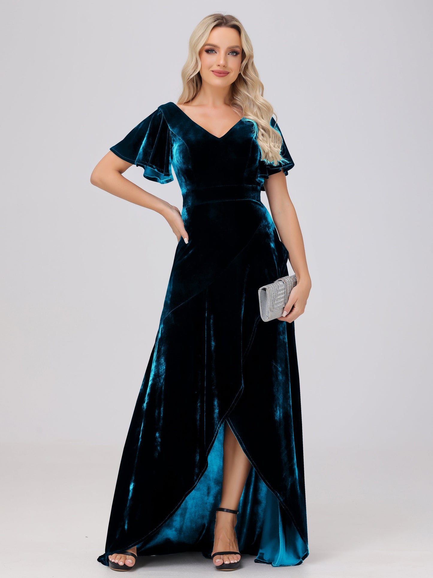 V-Neck Short Sleeves Ruffles Velvet Bridesmaid Dresses