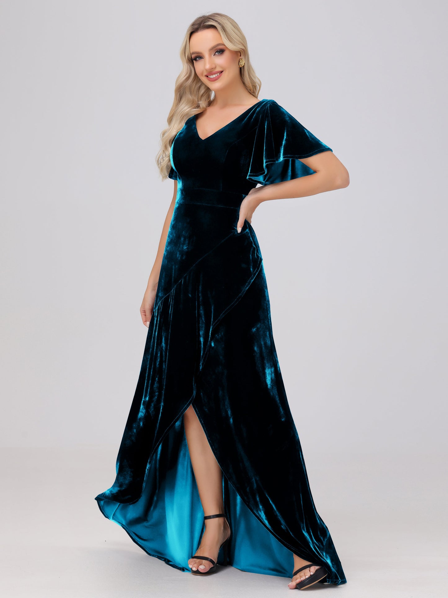 V-Neck Short Sleeves Ruffles Velvet Bridesmaid Dresses