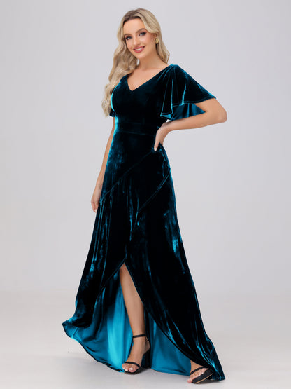 V-Neck Short Sleeves Ruffles Velvet Bridesmaid Dresses