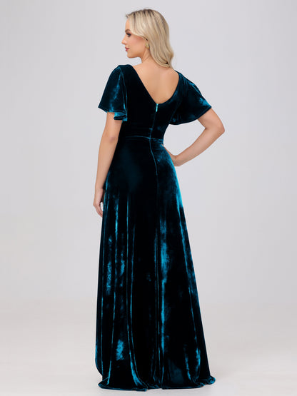 V-Neck Short Sleeves Ruffles Velvet Bridesmaid Dresses