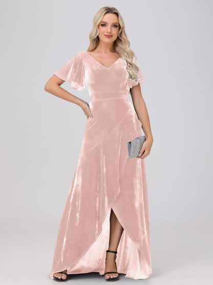 V-Neck Short Sleeves Ruffles Velvet Bridesmaid Dresses