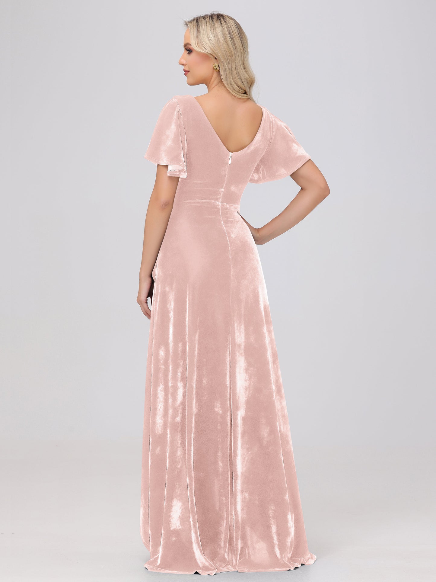 V-Neck Short Sleeves Ruffles Velvet Bridesmaid Dresses