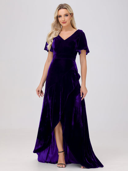 V-Neck Short Sleeves Ruffles Velvet Bridesmaid Dresses
