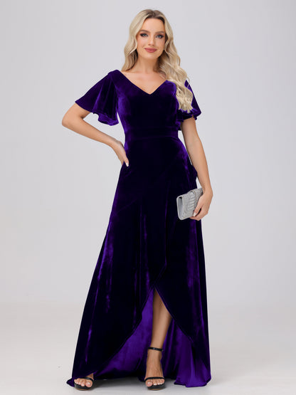 V-Neck Short Sleeves Ruffles Velvet Bridesmaid Dresses